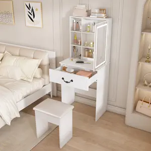 Modern Mini Dressing Table with LED-Lit Mirror & Hidden Storage, Includes Padded Stool, Adjustable Brightness Vanity Desk, Multi-Tier Dust-Proof Shelves, White