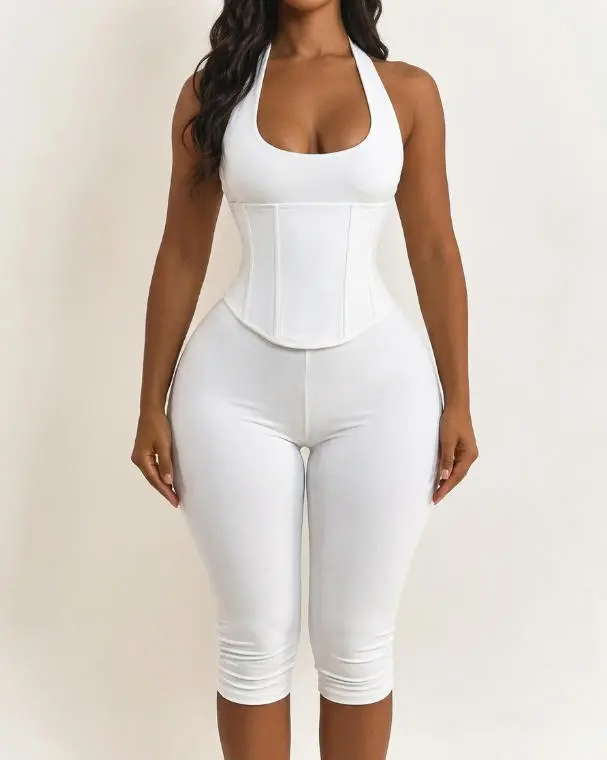 Women’s Seamless Shapewear Halter Bodysuit 2-Piece Set, Tummy Control Waist Trainer & Butt Lift Jumpsuit