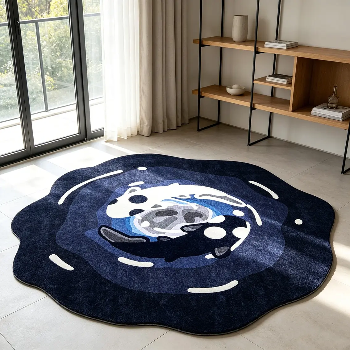 Gradient Blue Koi Vortex Carpet, Soft Anti-Slip Flocked Material, Living Room Coffee Table / Bedroom Bedside Decor Floor Mat, Niche Healing Style Modern Floor Rug