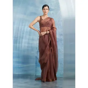 Aura woody brown saree with sleeveless blouse