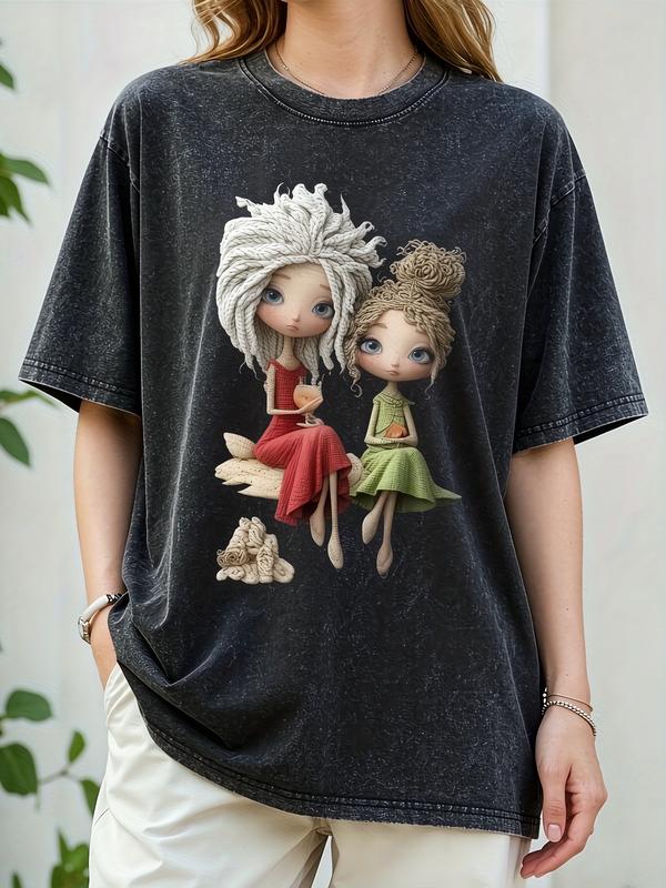 Women's Plus Size Classic Crew Neck Acid Wash Cotton T-Shirt - Streetwear Casual Oversized Short Sleeve Tee for Lady, Cute Cartoon Wine Friends Graphic, Curvy Fit Vintage Top for Anniversary, Beach