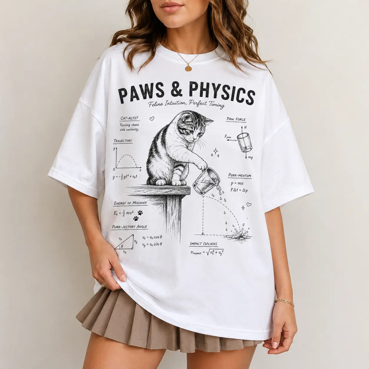 [100% Cotton] Paws & Physics T-Shirt, Funny Cat Science Graphic Tee with Vintage Sketch Art, Paws & Physics Oversized Shirt for Cat Lovers, STEM Humor Tshirt, Retro Physics Tee for School, College, Science Fair Outfit