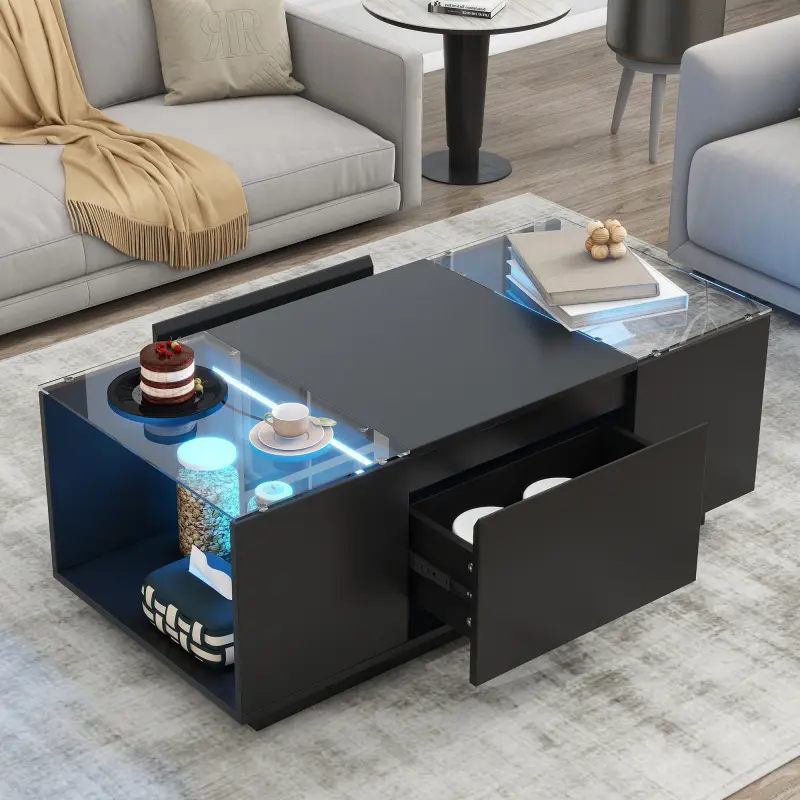 U-Can Led Coffee Table, Modern Center Table with High-Gloss Finish and Glass Tabletop, Coffee Table with Open Storage Compartment and 2 Hidden Drawers  for Living Room