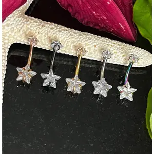 1 Piece Brilliant Prong Set CZ Gem Double Star Internally Threaded Navel/Naval Belly Ring - 14g - 10mm