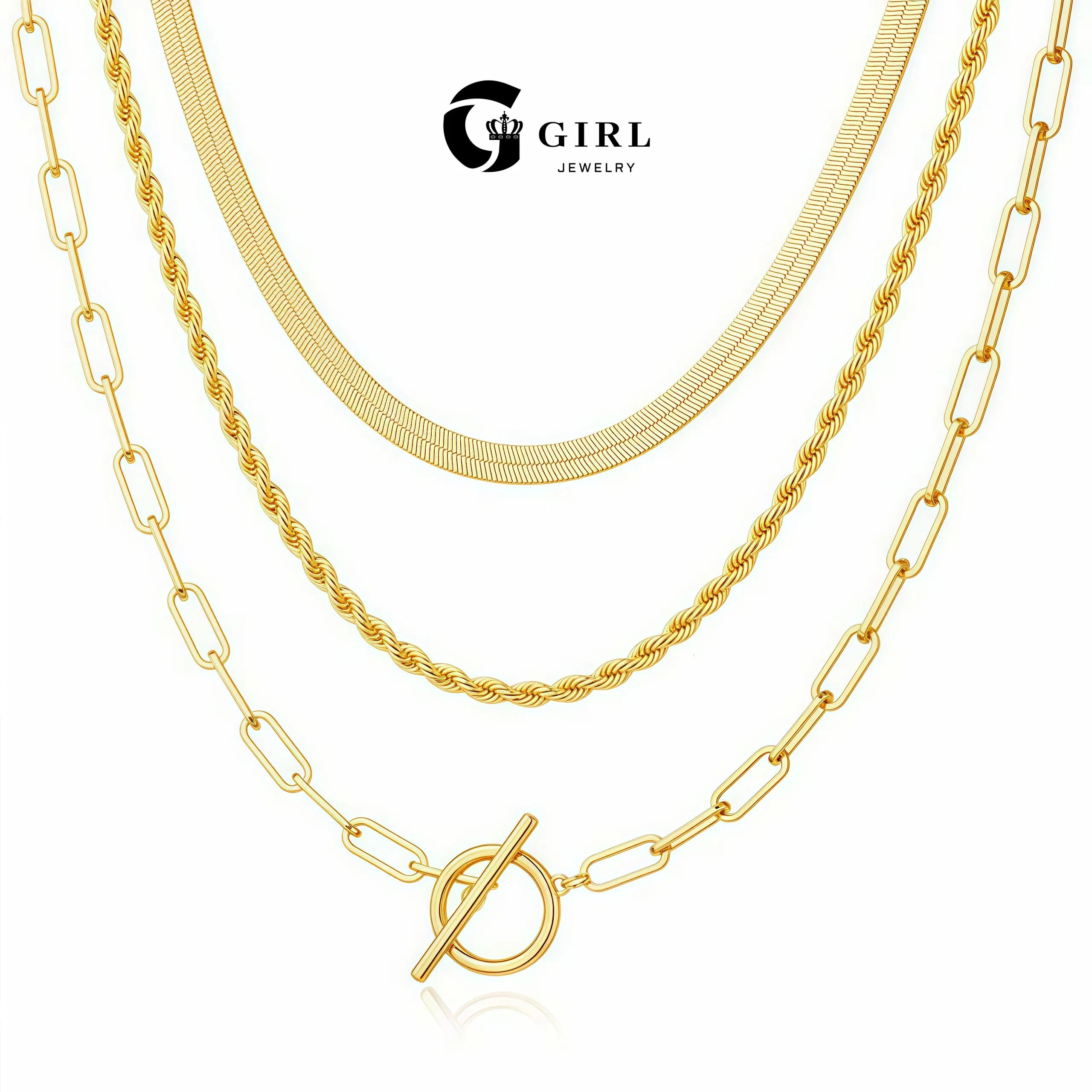 GGIRL 14K Gold Plated Triple Layer Necklace with Snake Bone Twisted Paperclip OT Clasp Multi-Strand Choker Unisex Style Suitable for Everyday Wear Gifting or Layering