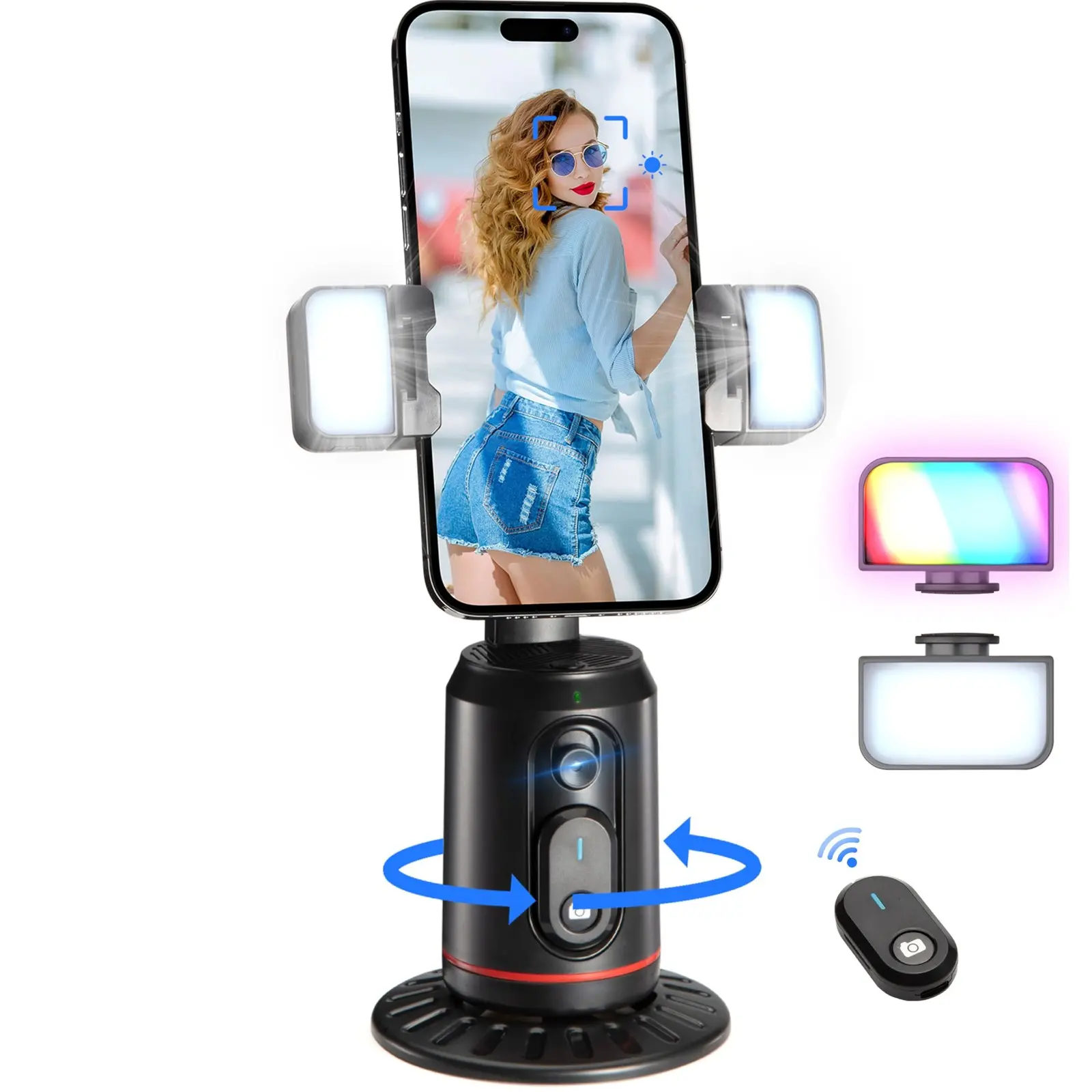 360° Auto Tracking AI Phone Tripod with Bluetooth Remote-Controlled Lights, No App Required, Mobile Accessory Gimbal Stabilizer Kit for Influencer Vlogging & Video Recording, Smartphone Mount