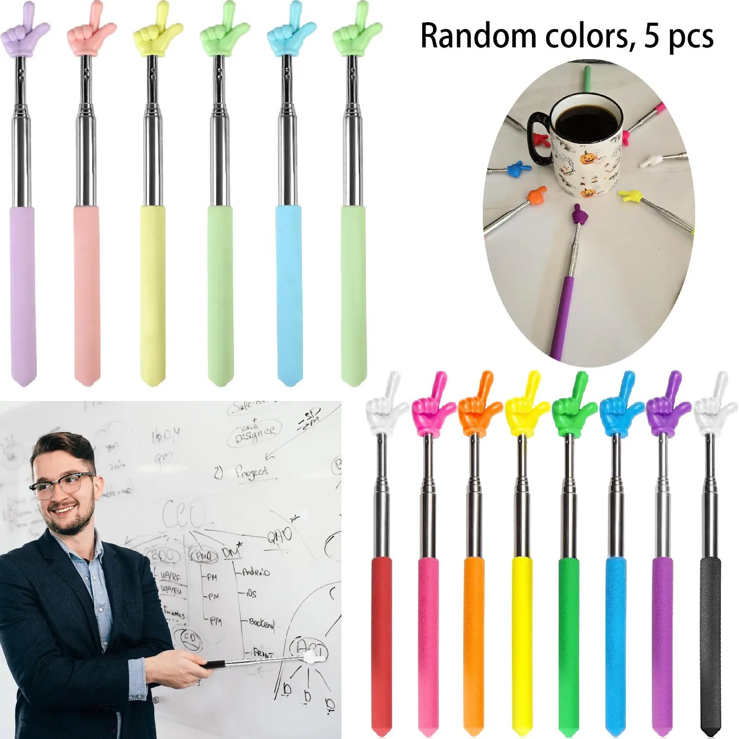 Pointer Finger Stick, Extendable Colorful Finger Pointer Stick, Mini Retractable Pointer for Presentation, Whiteboard, Blackboard, Supplies, Classroom Supplies