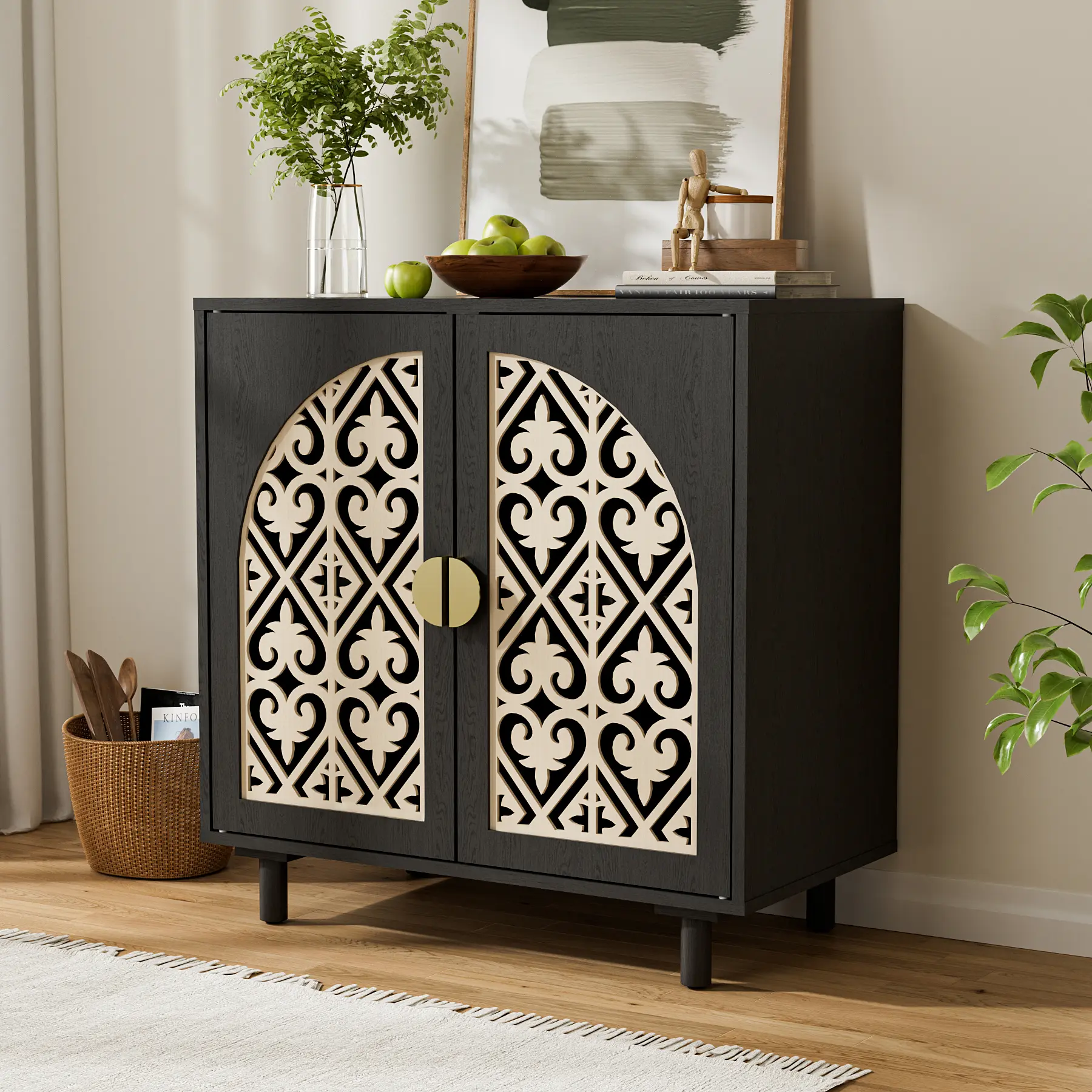 Oakault Boho Sturdy Indoor Cabinet Sideboards, 2-Arched-Door Storage with Adjustable Shelves, Hollow-Carved Console TV Stand for Living Room, Furniture for Small Spaces, Black