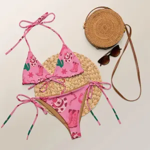 Women Pink Cowgirl Western Bikini Set Cactus Cowboy Boot Star Print Halter Triangle Tie Side Swimsuit Comfy Summer Beach Vacation Country Music Festival Sunbathing Swimwear
