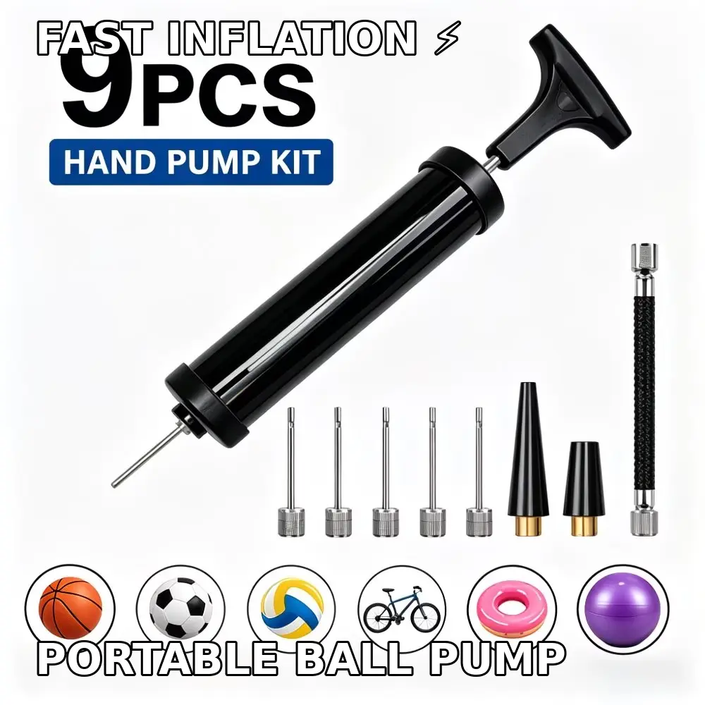 Portable Ball Pump Kit with 5 Needles 2 Nozzles 1 Extension Hose for Basketball Football Soccer Volleyball Exercise Yoga Balls Manual Air Pump
