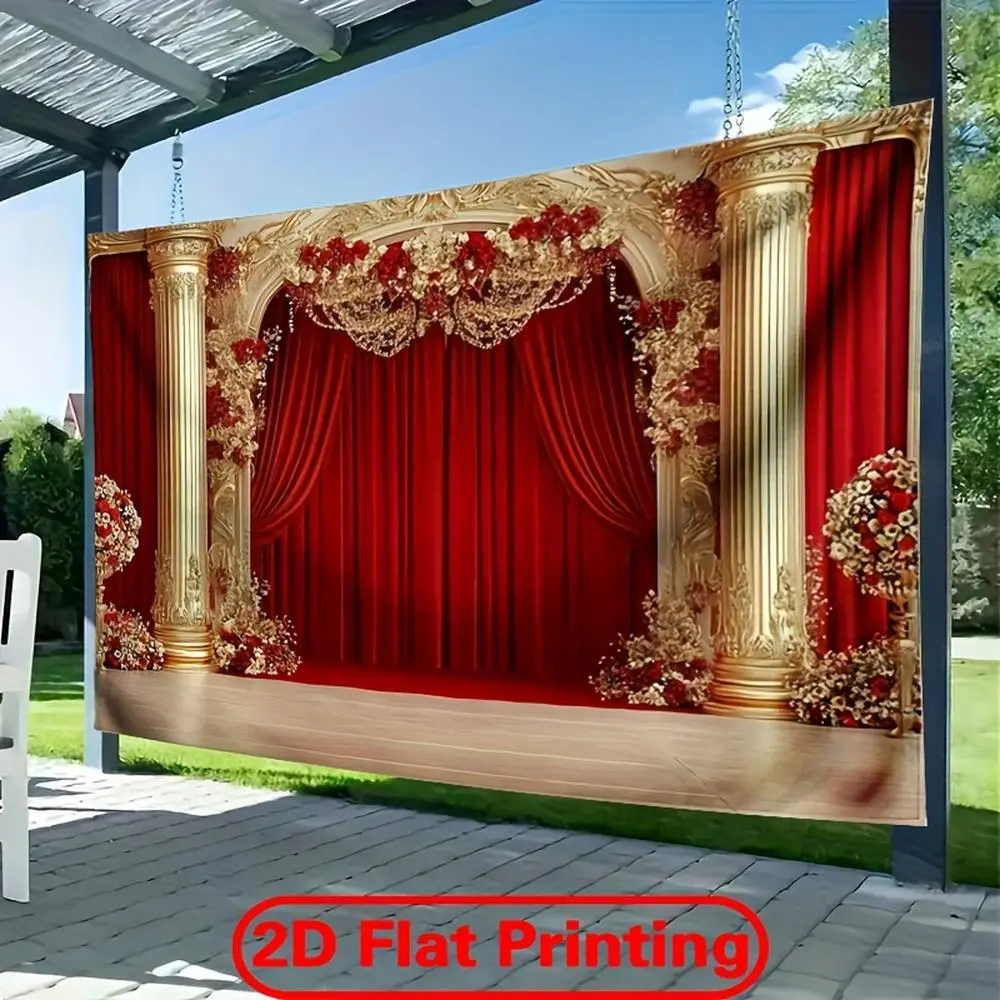 1pc Soft Durable Polyester 2D Flat Glam Indian Floral Backdrop Banner - Red & Golden Theme, Intricate Design, White Flower Accent, Wedding Decor, Indoors-Outdoors Suitable