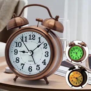 3" Classic Twin Bell Alarm Clock, Metal Frame Burnished Copper Color, Night Light, Clock Dial With Glow In Dark, Silent Non Ticking Alarm Clock