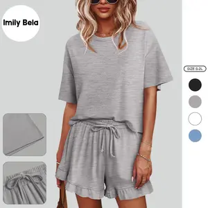 Imily Bela Womens Pajamas Set Lounge Sets Cropped Short Sleeve T Shirts Drawstring Ruffle Shorts Soft Sleepwear