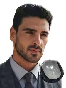 Human Hair Textured Toupee Hair System for Men Handmade 6"*8" Ultra Thin Skin All V-Looped Hairpieces Replacement System, PU Thin Skin Realistic Business style Hair System (hair length 4 inch)