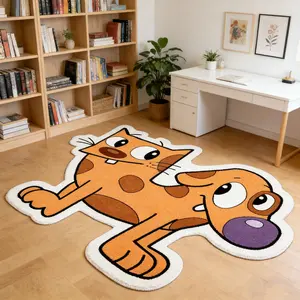 Children's cartoon cat and dog irregular carpet, Cartoon pattern rug, orange brown contrast color plush floor mat, entrance anti-slip wear-resistant foot mat, children's room decoration mat suitable for ins style/children's fun home
