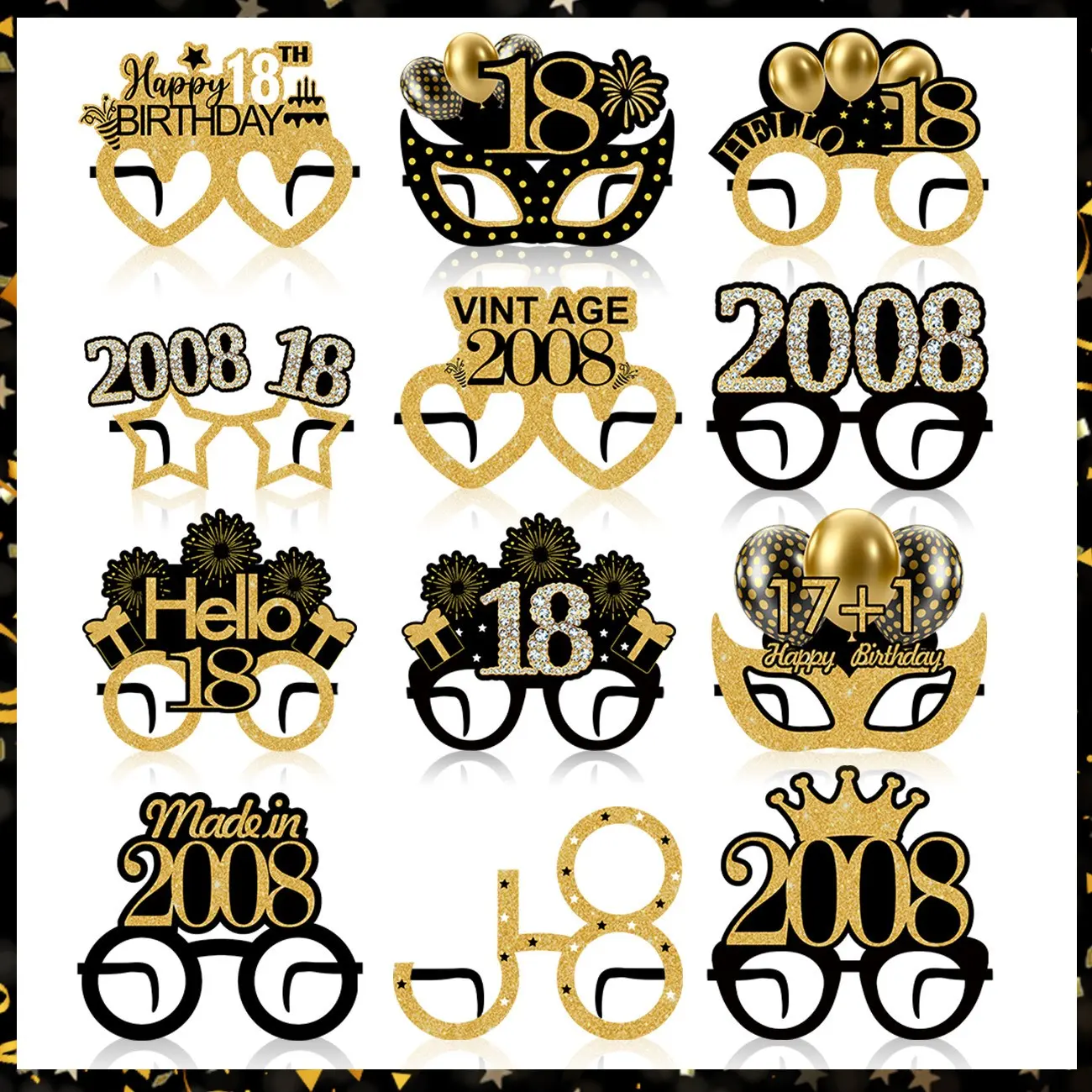 2008 18th Birthday Party Game Paper Glasses Decorations, Photo Booth Props, Party Accessories, Vintage Eighteen Years Old Party Supplies