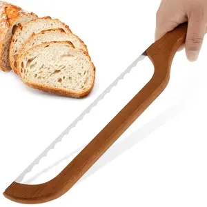 KHZSPP Bread Bow Cutter Serrated Bagel Cutter Stainless Steel Sourdough Bread Slicer Portable Bread Cutting Tool with Bamboo Handle 15.7×2.4 Inch Bread Slicer for Homemade Bagels Bread Baguettes Bakeware Utensils
