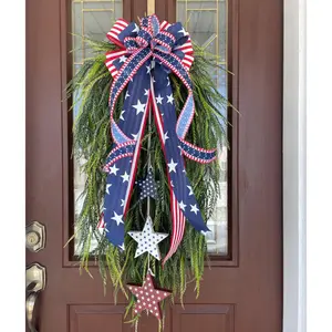 Elegant Patriotic Door Decor Wreath, Cedar Wreath with American Flag Bow and Hanging Star Ornament, Memorial Day and Independence Day Decoration