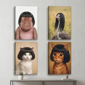Hilarious Wig-Wearing Animals Canvas Wall Art | Quirky Bob Cut Cat, Hippo & Long-Hair Ostrich Portraits | Funny Meme Poster Room Decor for Living Room & Bedroom | Unique Humor Gag Gift