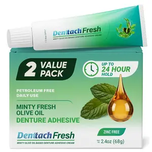 HOT 2026! Denttach Fresh Denture Adhesive with Invigorating Mint Flavor, Petroleum Free Olive Oil Based Denture Cream for Full and Partial Dentures, All Day Hold Denture Glue, Zinc Free, 2.4 Ounce