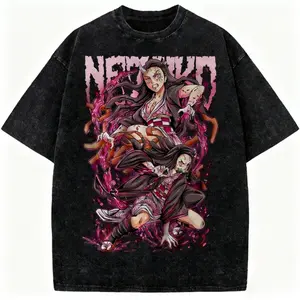 Summer New Vintage Wash Demon Slayer Anime Graphic T Shirt Nezuko Print Men Women Cotton Short Sleeve Tee Streetwear Casual Tops