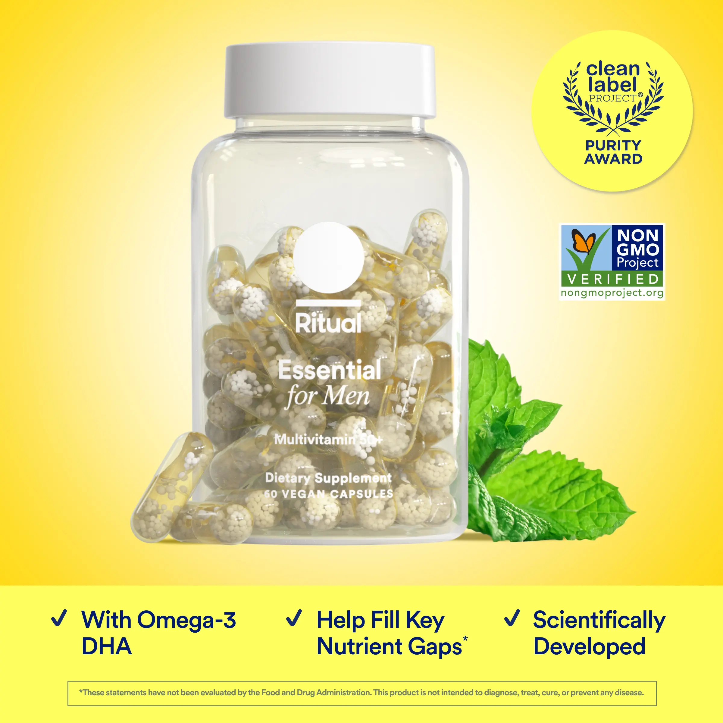 Ritual Multivitamin for Men 50+, Vegan, with Zinc, Vitamin A and D3 for Immune Function Support*, Omega-3 DHA, B12, K2, Gluten Free, Non-GMO, Mint Essenced, 30 Day Supply