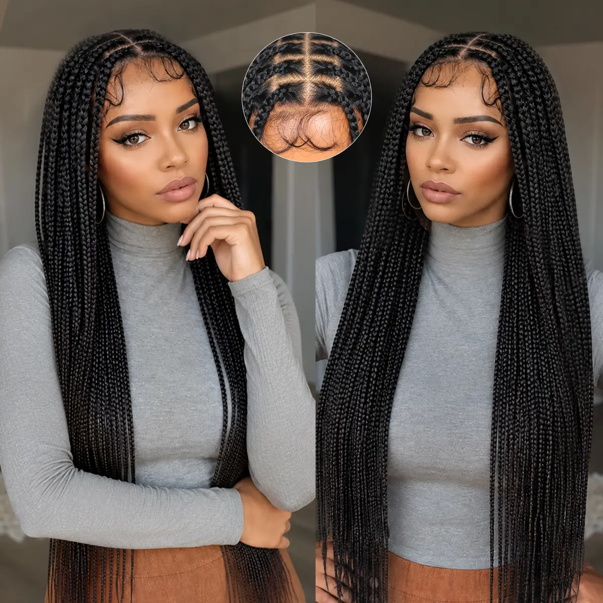 U&A Hair Full Lace Synthetic Boho Braids Hair Wig with Baby Hair Pre Plucked Knotless Square Part Braided Wig for Black Women  Full Handmade Pre Braided  Tangle-Free