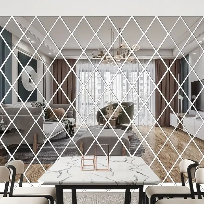 Silver three-dimensional acrylic mirror wall sticker, Modern wall sticker, wall decal, diamond self-adhesive wall decoration sticker, decorative sticker, suitable for DIY decoration of home and office, living room wall decor, geometric design