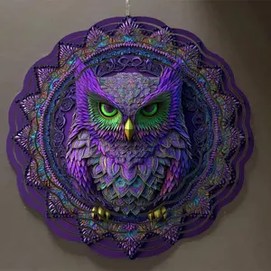 10 Inch Owl Design 3D Mandala Wind Chime, Colorful Rotating Outdoor Decor Hanging Ornament for Garden Patio Yard, Battery Free Gift for Family