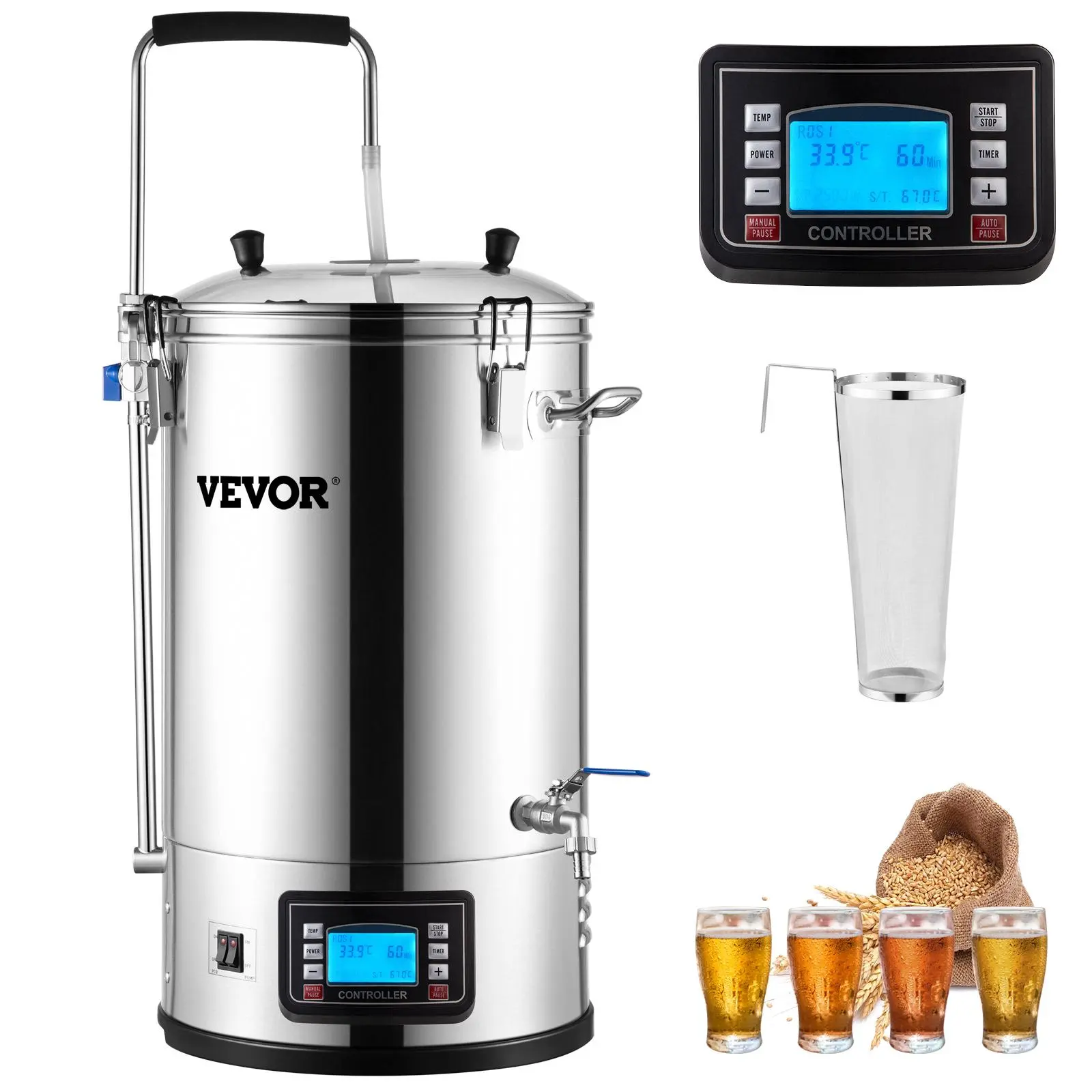 【Backtoschool】VEVOR Beer Brewing System, 9.2 Gal/35 L Brewing Pot, All-in-One Home Electric Beer Brewer with Pump, Mash Boil Device with Panel, Auto/Manual Mode 100-1800W Power 25-100℃ Temp 1-180 min Timer