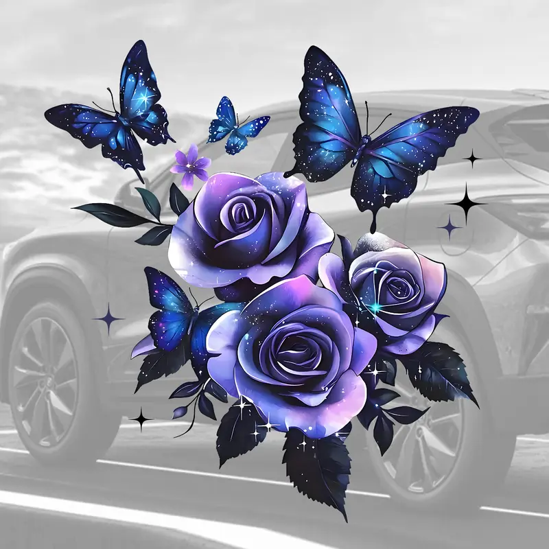 1pc Dark Rose & Butterfly Car Decorative Sticker, Glossy Self-Adhesive Vinyl, Durable Plant Floral Theme, Easy Installation, Best Gift