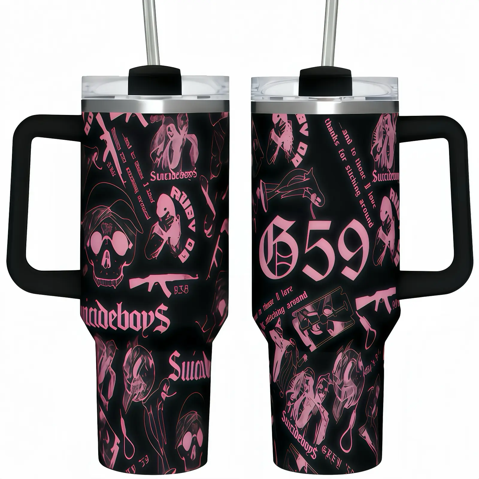 G59 Pink 59 Suicideboys 40oz Stainless Steel Insulated Tumbler - Multicolor Skull Collage Aesthetic Travel Mug, Dark Trap Goth Underground Rap Style Heat-Cold Retention Drinkware