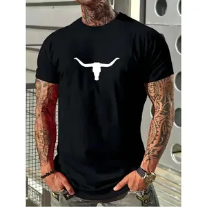 100% Cotton Men's Western Cowboy Style Graphic T-Shirt - Black Casual Oversized Short Sleeve Tee with White Longhorn Skull Design, Perfect for Streetwear and Outdoor Activities, Streetwear Fashion |     Relaxed Fit Top |     Comfortable Cotton