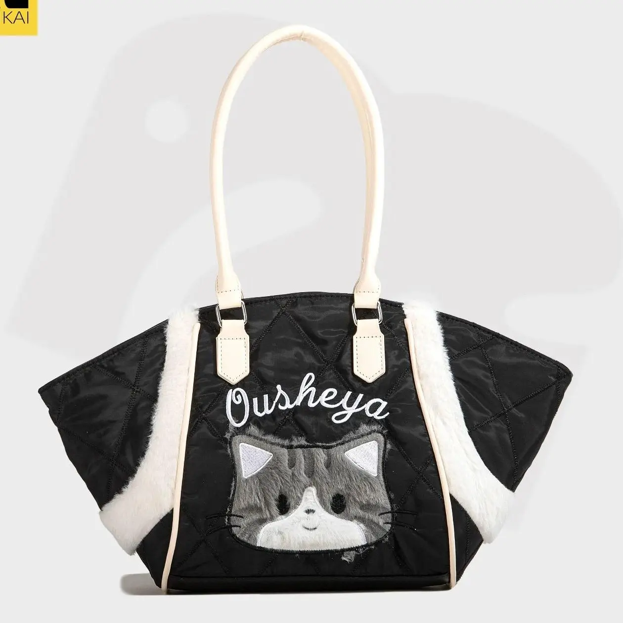 Cute Cat Print Canvas Tote Bag for Women, Casual Shoulder Handbag with Contrast Handles, Everyday Shopping Bag