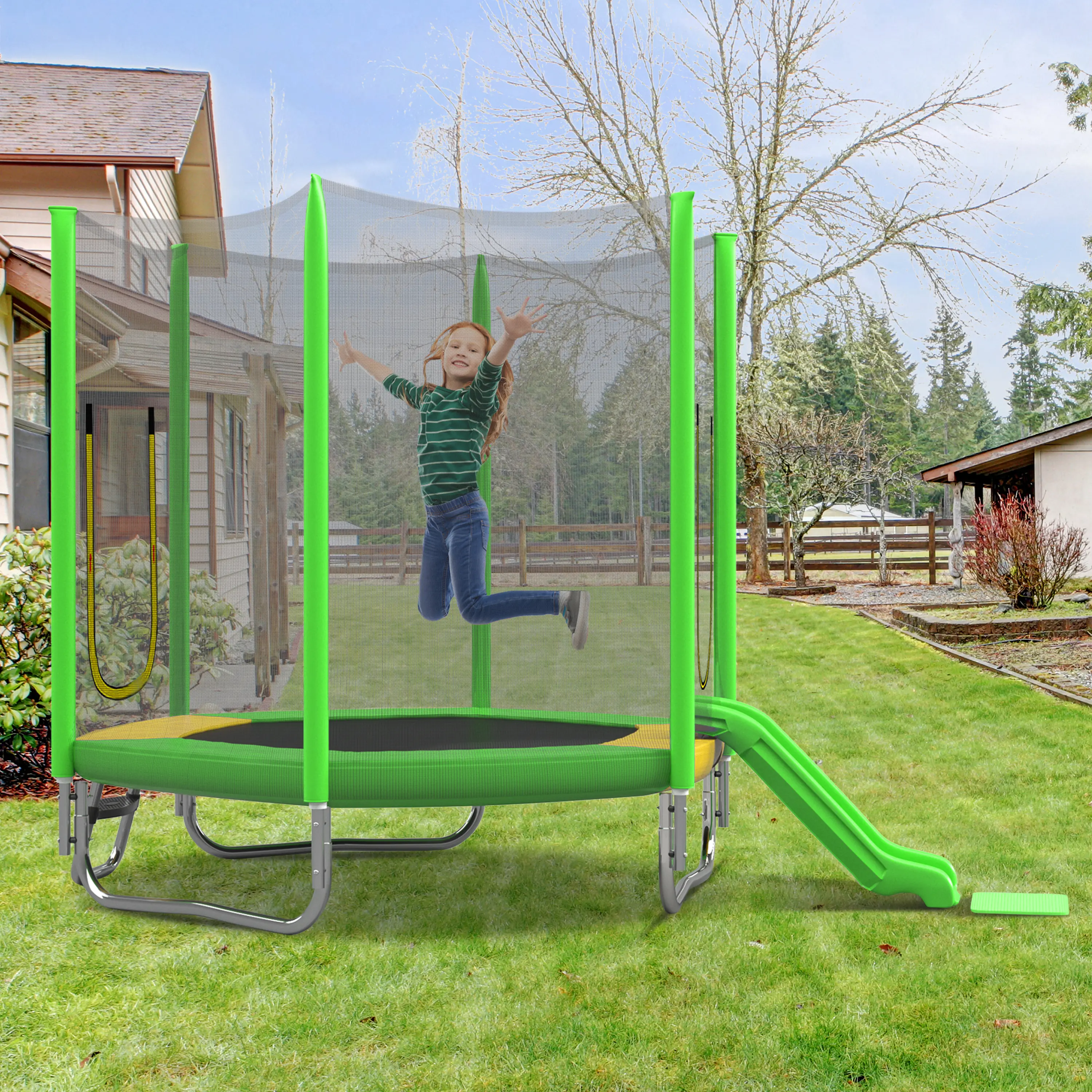 SAVEYOUR 7FT Hexagon Trampoline for Kids with Slide and Ladder, U-Frame Steel Indoor or Outdoor Jump Set with Zipper Net Enclosure, 220 lbs Capacity, Jumping, Family Fun