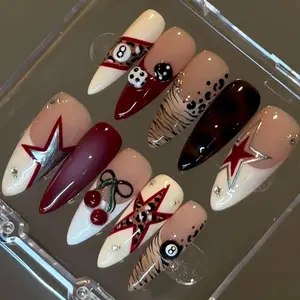 Star & Leopard Elements Fake Nails, 10pcs/set Fashion Press on Nails for Women & Girls Crazy Nail Art DIY, Elegant Stick on Nails Kit