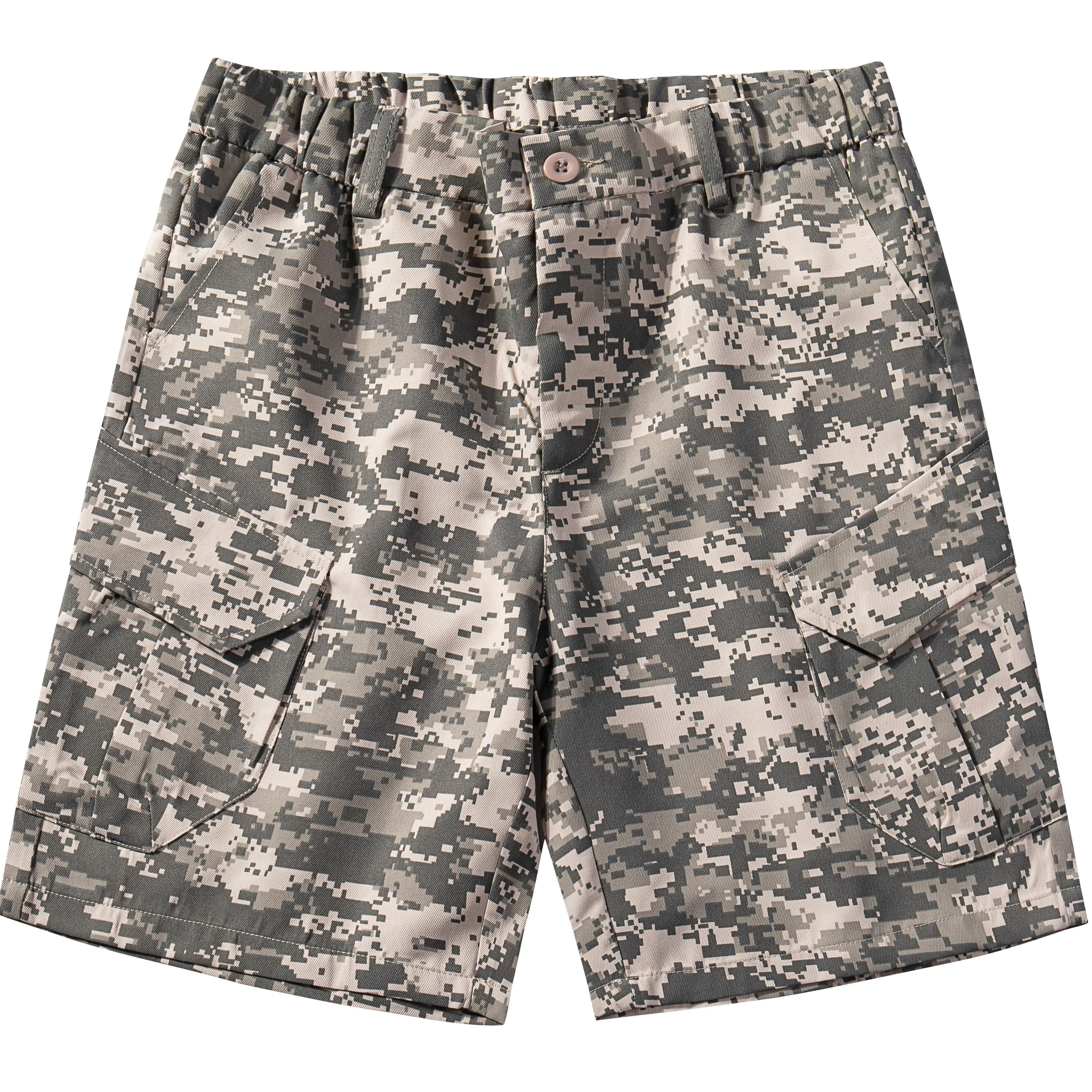 Military Pixel Camouflage Multi-Pocket Cargo Shorts with Elasticated Back Waist for Men – Outdoor Streetwear & Work Shorts