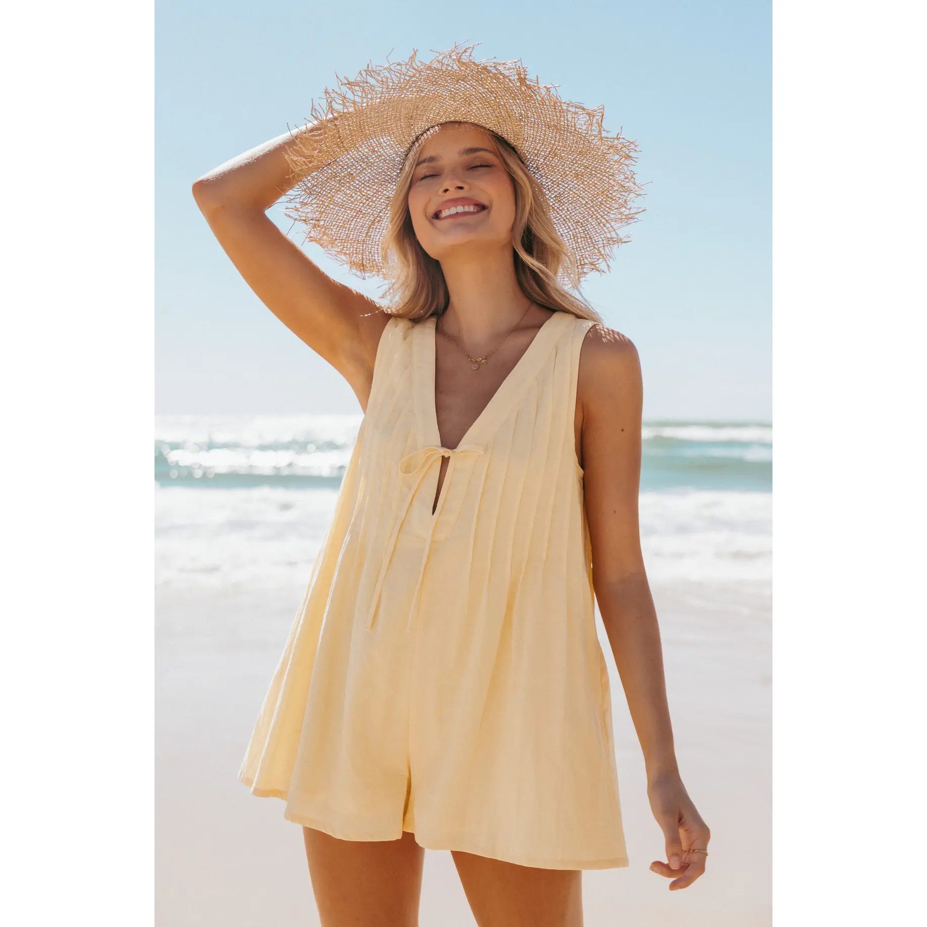 Kallie Tie Front Romper - Butter Yellow