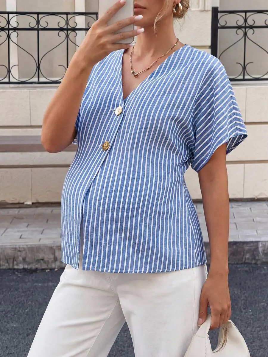 NOGN x MaterniWear Maternity Dusty Blue Summer Casual Striped Cotton Blouse, V-Neck Batwing Sleeve Loose Work Top, Business Office Wear For Women