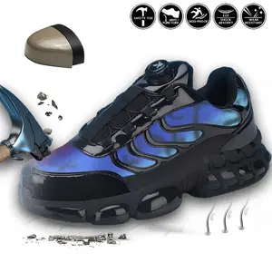 Men's Black Shoes Steel Toe Shoes Puncture Proof and Smash Proof with Swivel Button Work Boots Suitable for Outdoor Work Blue Collar Industrial Construction Work Shoes Safety Shoes Fathersdaygift Rotatory Lace-Free