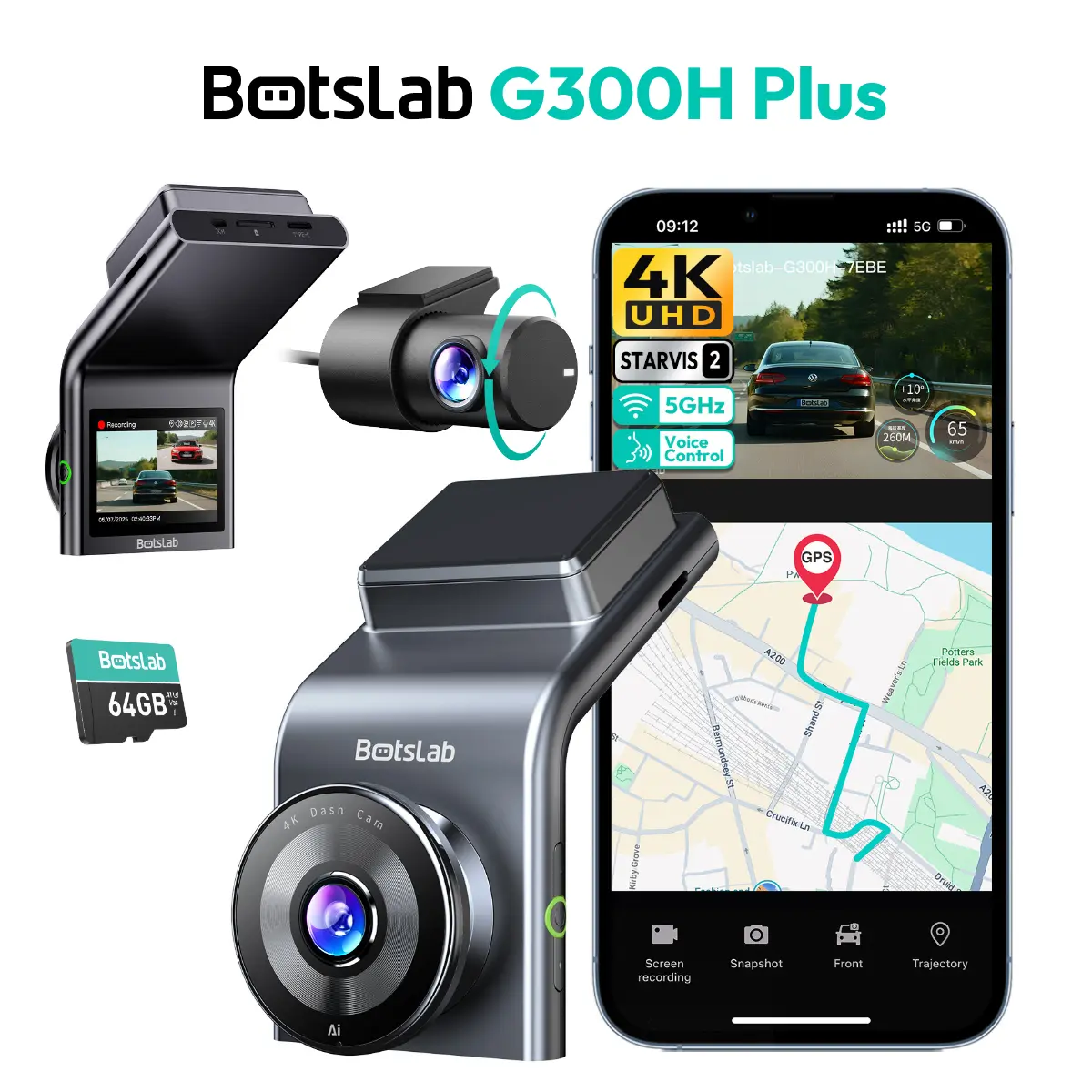 [summerfinds]BOTSLAB 4K Dash Cam Front and Rear, STARVIS 2 Sensor, Voice Control, 64GB Card Included, 5GHz WiFi Dashcam Front and Rear Camera, Built in GPS, WDR Night Vision, 170°Wide Angle, 24H Parking Mode