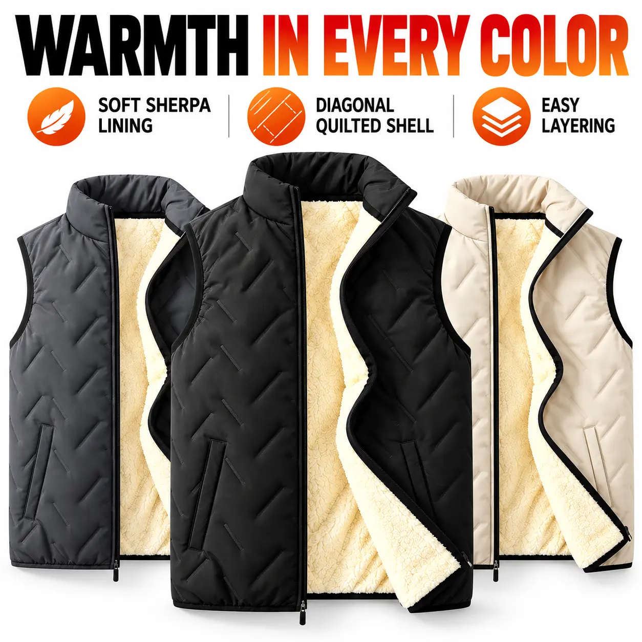 Stylish men’s regular-fit thick winter fleece-lined lamb wool vest with a warm stand-up collar and ultrasonic stitching; ideal men’s gifts for guys—black clothing.