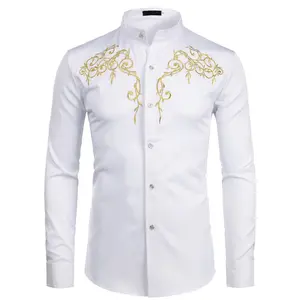 ZEROYAA Men's Western Stylish Band Collar Dress Shirts Embroidery Slim Fit Long Sleeve Mandarin Collar Shirt