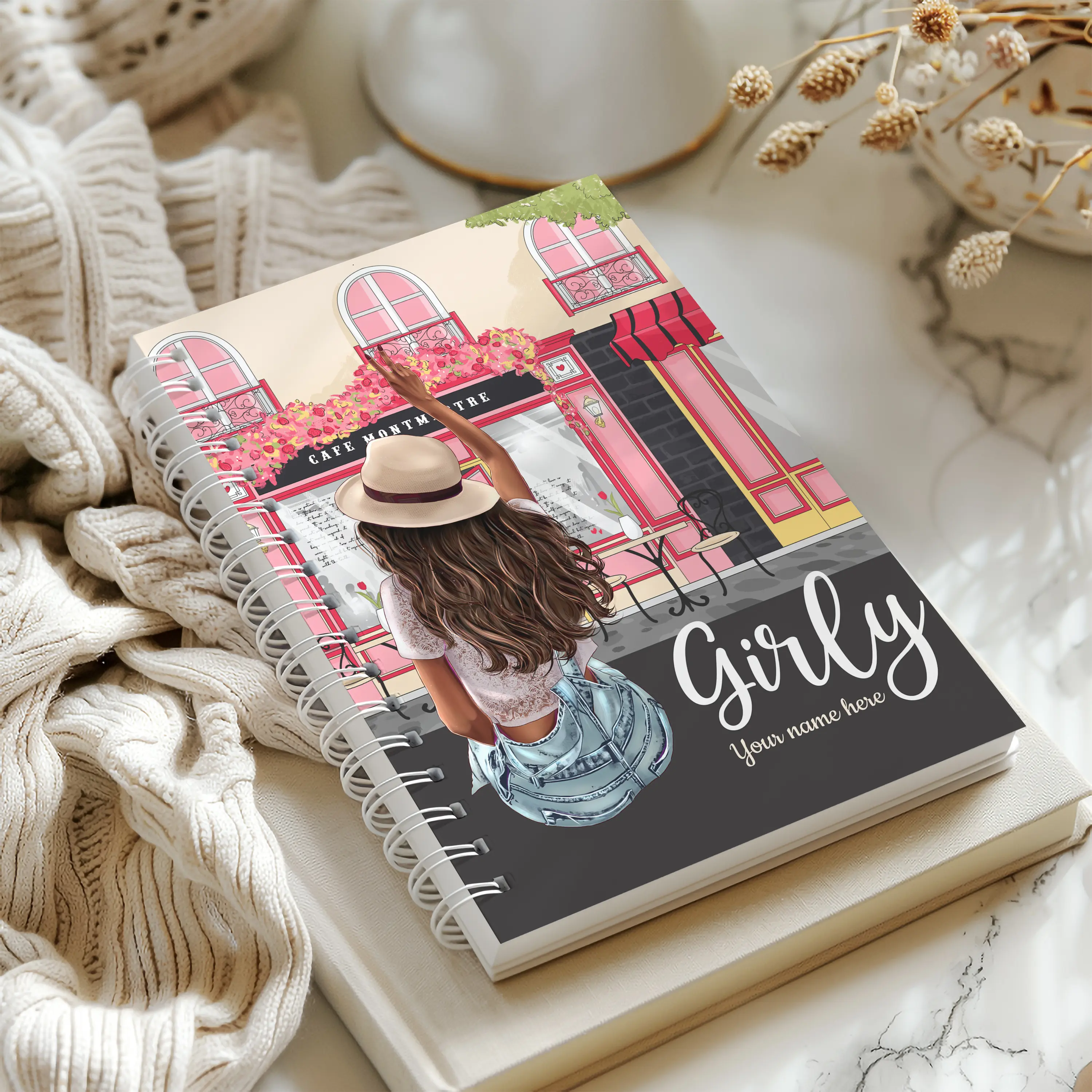 Custom Name Parisian Hardcover Planner - Spiral-Bound Girly Montmartre Office Stationery, Durable Laminated Hardcover, 15 Holes, 200 Pages=100 Sheets (White Spiral), 100 Pages Option, Various Sizes, Personalized Gifts for Women, Entrepreneurs