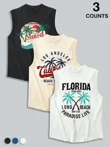 Bestselling Summer Men's Casual Fitted Sleeveless Tank Top, Tropical Coconut Tree Letter Graphic Print, Outdoor Sports Wear, Daily Versatile, 3 Pieces Set, Beach Tank Tops, Vest Tank Top