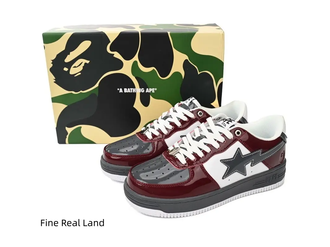 Unisex Gloss Burgundy Grey White Spliced Patent Leather Low Top Platform Skate Sneakers, Solid Black Star Patch, White Flat Laces, White Midsole & Grey Rubber Outsole, Thick Cushion Daily Street Walking Skate Shoes
