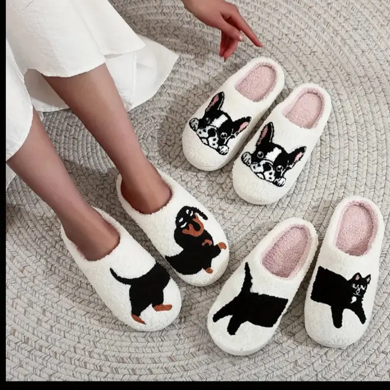 Cute Cartoon Dog Dachshund Pattern Slippers, Casual Slip On Plush Lined Shoes, Comfortable Indoor Home Slippers