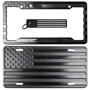 Vintage American Flag License Plate Frame Complete Kit, Matte Black Metal Car Decor for US Vehicles, Automotive Exterior Number Plate Accessory, License Plate Frames