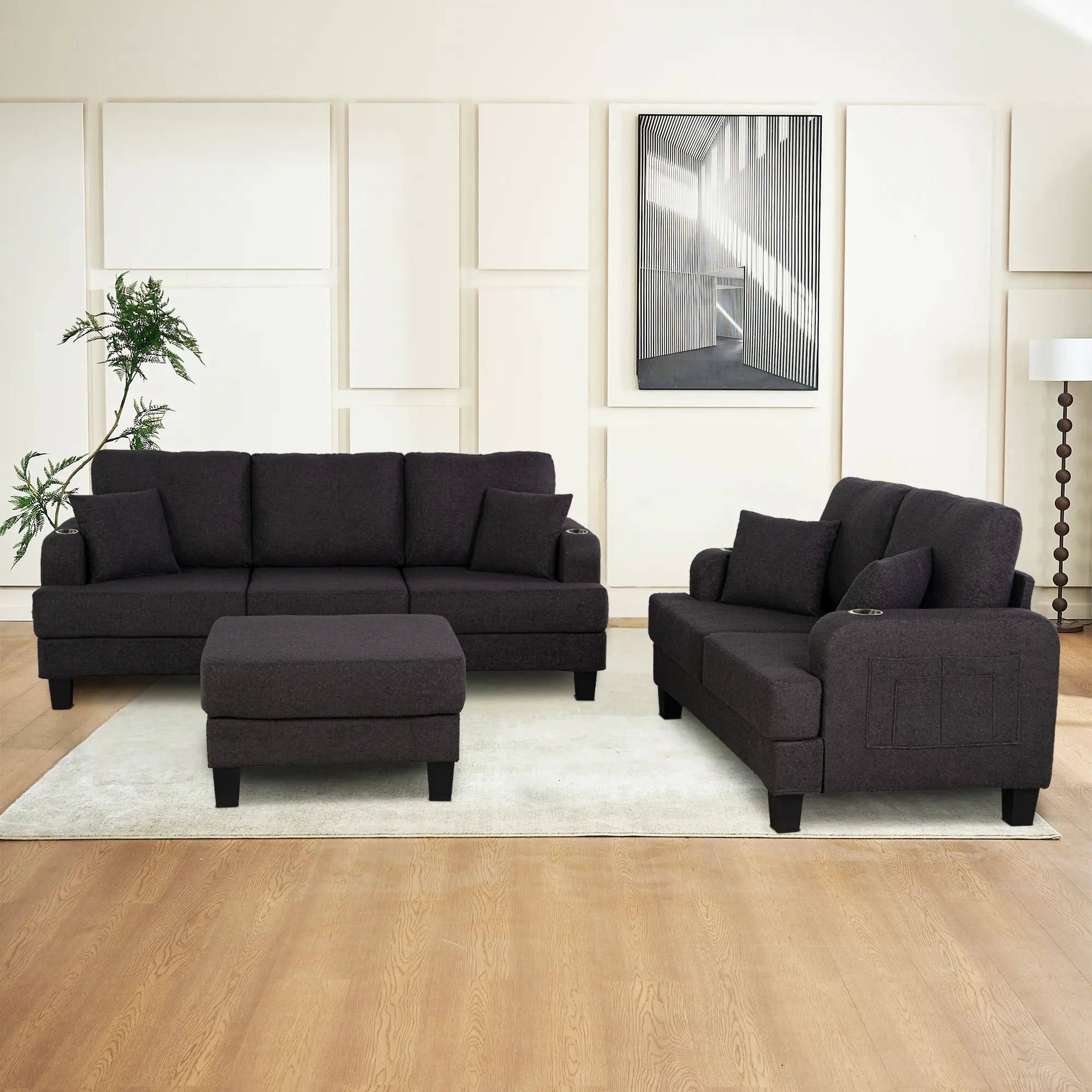 FOA Dark Gray Polar Fleece 3 Piece Set Sofa Couch 3 with Storage Ottoman Stainless Steel Cup Holder for Living Room with USB Side Pockets Pillows Modern Wicker Loveseat