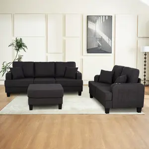 FOA Dark Gray Polar Fleece 3 Piece Set Sofa Couch 3 with Storage Ottoman Stainless Steel Cup Holder for Living Room with USB Side Pockets Pillows Modern Wicker Loveseat
